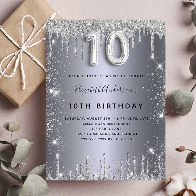 Invitation Carte Postale 10e anniversaire argent métal parties scintillant  (Créateur téléchargé)