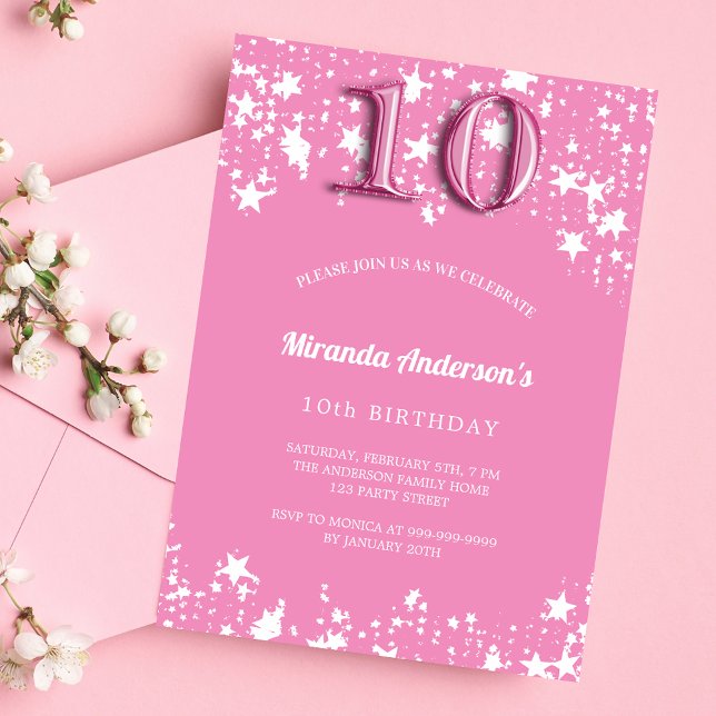 Invitation Carte Postale 10e anniversaire fête rose blanc étoiles fille (Créateur téléchargé)