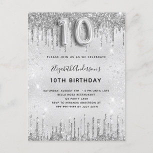 Invitation Carte Postale 10e anniversaire fille parties scintillant argent