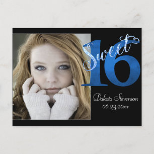 Invitation Carte Postale 16 ans   Glitzy Blue Glam Typographie Merci