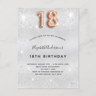 Invitation Carte Postale 18e anniversaire argent métal rose or parties scin