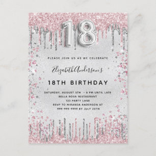 Invitation Carte Postale 18e anniversaire argent rose parties scintillant p