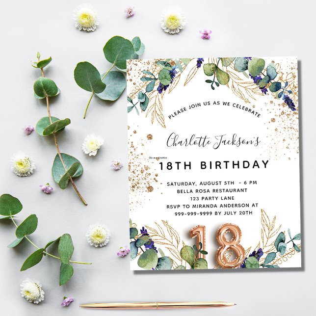 Invitation Carte Postale 18e anniversaire eucalyptus parties scintillant ve (Créateur téléchargé)