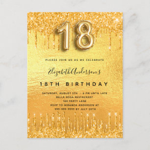 Invitation Carte Postale 18e anniversaire parties scintillant or gouttes