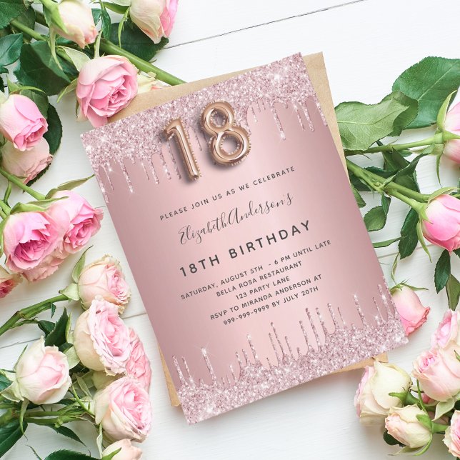 Invitation Carte Postale 18e anniversaire rose poussiéreux parties scintill (Créateur téléchargé)