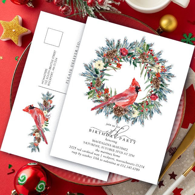 Invitation Carte Postale 18th Birthday Party Red Cardinal Wreath (Créateur téléchargé)