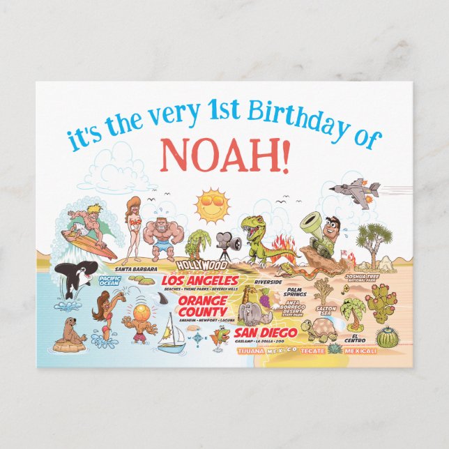 Invitation Carte Postale 1er anniversaire personnalisé SoCal (Devant)