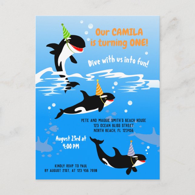 Invitation Carte Postale 1er anniversaire sous la mer orca baleine fille (Devant)