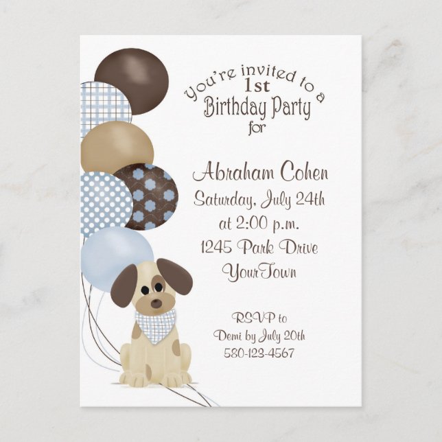Invitation Carte Postale 1ère fête d'anniversaire avec chiot et ballons (Devant)