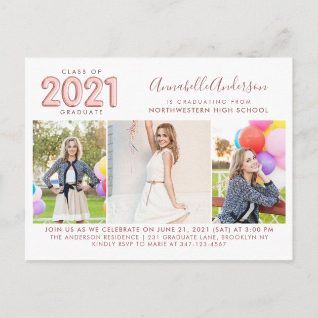 Invitation Carte Postale 2021 Graduate Rose Gold 3 Photo Graduation Party (Devant)