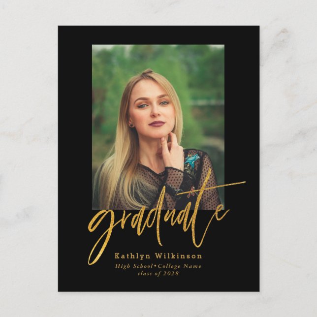 Invitation Carte Postale 2022 Elegant Gold Black Script Photo Graduation (Devant)