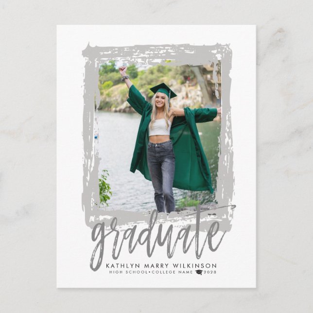 Invitation Carte Postale 2023 Moderne Brush Script Silver Photo Graduation (Devant)
