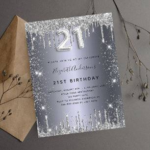 Invitation Carte Postale 21e anniversaire argent métal parties scintillant 