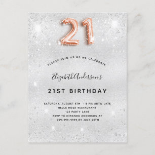 Invitation Carte Postale 21e anniversaire argent or rose