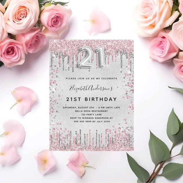 Invitation Carte Postale 21e anniversaire argent rose parties scintillant p (Créateur téléchargé)