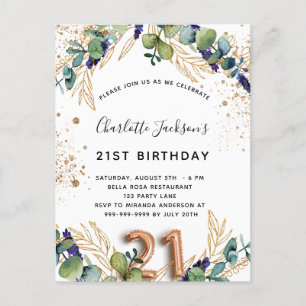 Invitation Carte Postale 21e anniversaire eucalyptus parties scintillant ve
