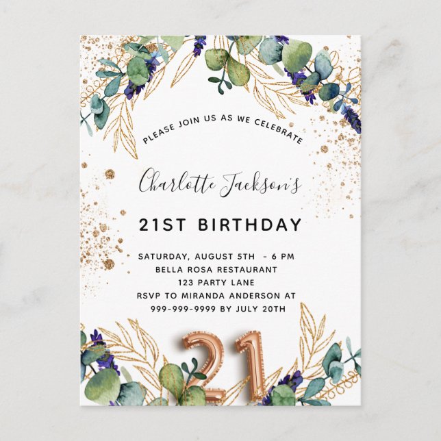 Invitation Carte Postale 21e anniversaire eucalyptus parties scintillant ve (Devant)