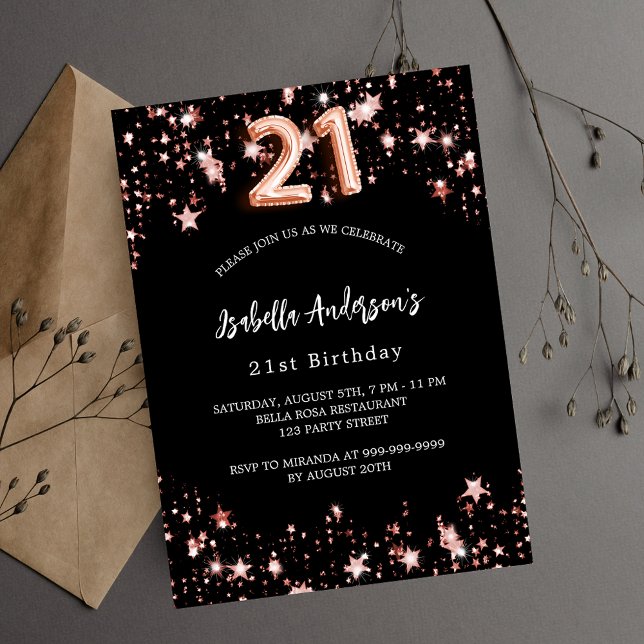 Invitation Carte Postale 21e anniversaire noir rose étoiles d'or (Créateur téléchargé)