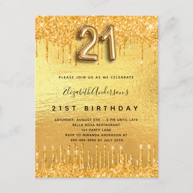 Invitation Carte Postale 21e anniversaire parties scintillant or gouttes (Devant)