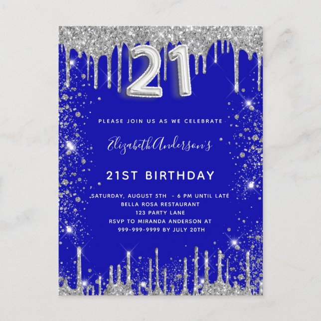 Invitation Carte Postale 21e anniversaire royal bleu argent parties scintil (Devant)
