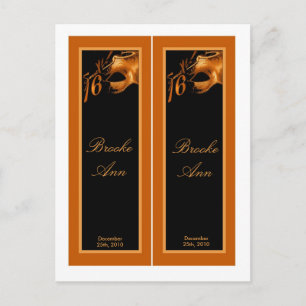 Invitation Carte Postale 2 Marques de livre Sweet 16 Orange Black Party