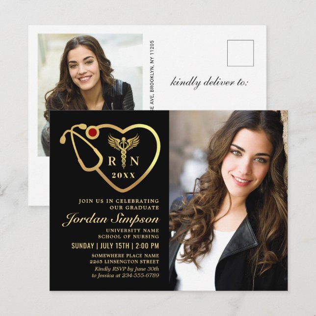 Invitation Carte Postale 2 Photo Moderne Black Gold Infirmière Graduation (Devant / Derrière)
