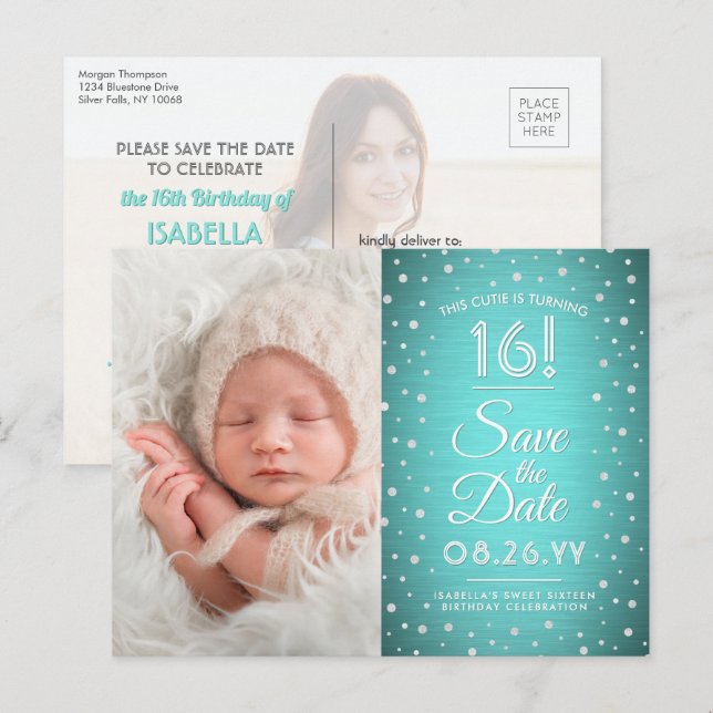 Invitation Carte Postale 2 Photo Sweet 16 Anniversaire bleu Turquoise Enreg (Devant / Derrière)