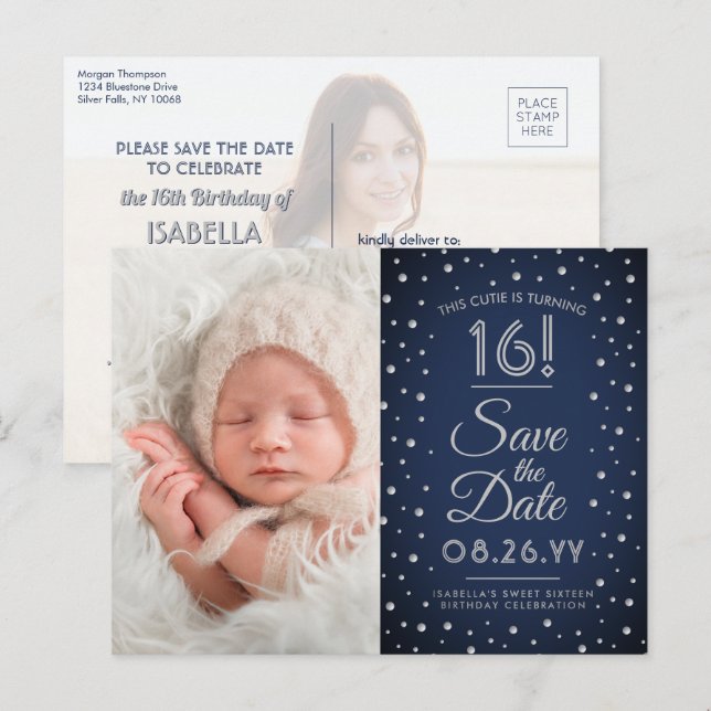 Invitation Carte Postale 2 Photo Sweet 16 Anniversaire Marine Bleu Enregist (Devant / Derrière)