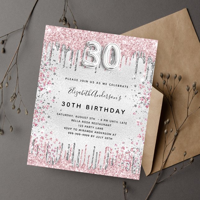 Invitation Carte Postale 30e anniversaire argent rose gouttes de parties sc (Créateur téléchargé)