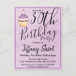 Invitation Carte Postale 30e anniversaire de Cupcake d'aquarelle violette