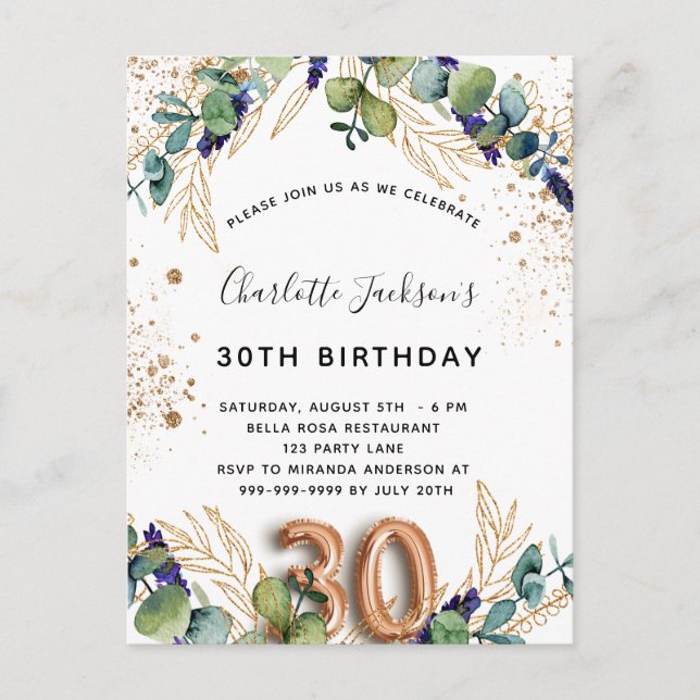 Invitation Carte Postale 30e anniversaire eucalyptus parties scintillant ve (Devant)