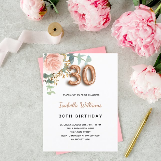 Invitation Carte Postale 30e anniversaire fleurie rose or eucalyptus vert (Créateur téléchargé)
