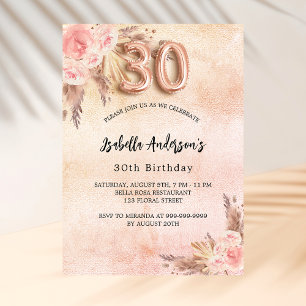 Invitation Carte Postale 30e anniversaire pampas herbe fleurs d'or rose