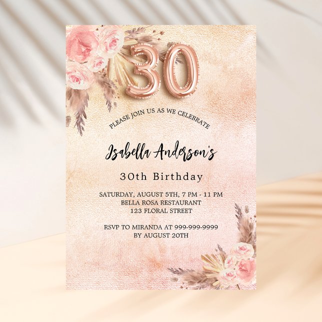 Invitation Carte Postale 30e anniversaire pampas herbe fleurs d'or rose (Créateur téléchargé)