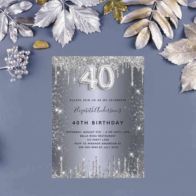 Invitation Carte Postale 40e anniversaire argent métal parties scintillant  (Créateur téléchargé)