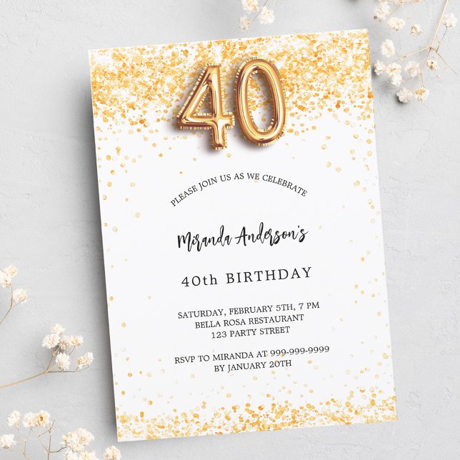 Invitation Carte Postale 40e anniversaire blanc confetti élégant or (Créateur téléchargé)