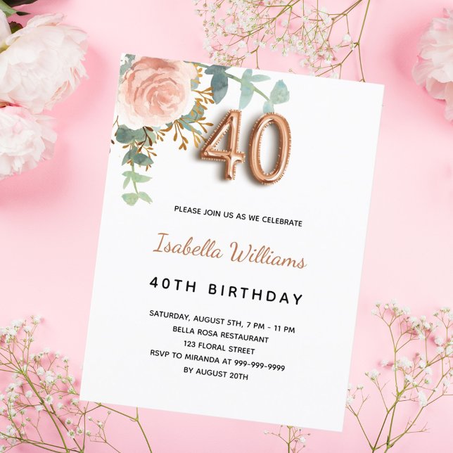 Invitation Carte Postale 40e anniversaire fleurie rose or eucalyptus vert (Créateur téléchargé)