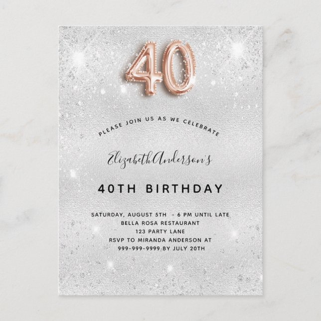 Invitation Carte Postale 40e anniversaire parties scintillant or argent (Devant)