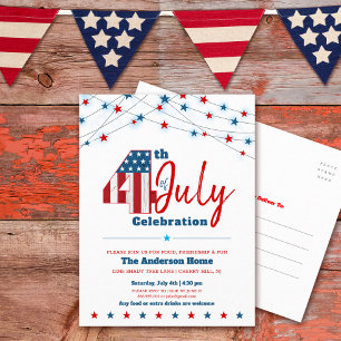 Invitation Carte Postale 4 Juillet BBQ Moderne Étoiles Grilles Rouge Blanc
