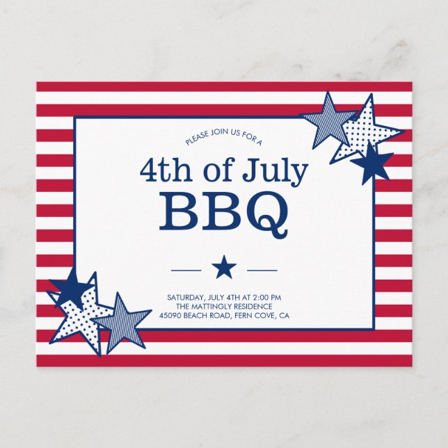 Invitation Carte Postale 4 juillet Étoiles et rayures Moderne Patriotique b (Devant)