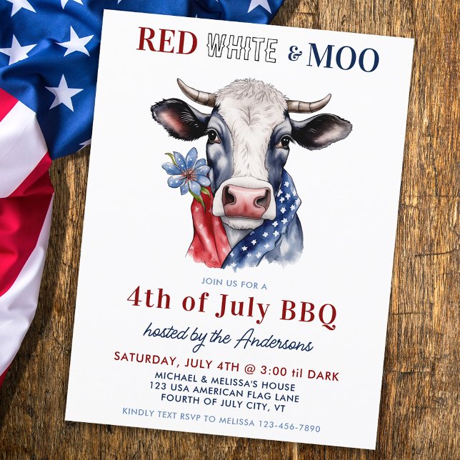 Invitation Carte Postale 4 juillet Red White Moo Patriotique Farm Cow Party (Créateur téléchargé)