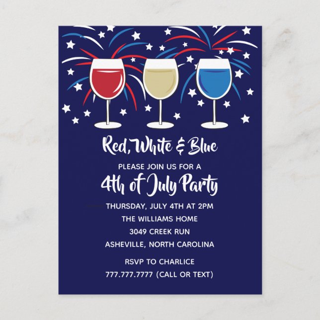 Invitation Carte Postale 4 juillet Vin Rouge blanc et bleu (Devant)