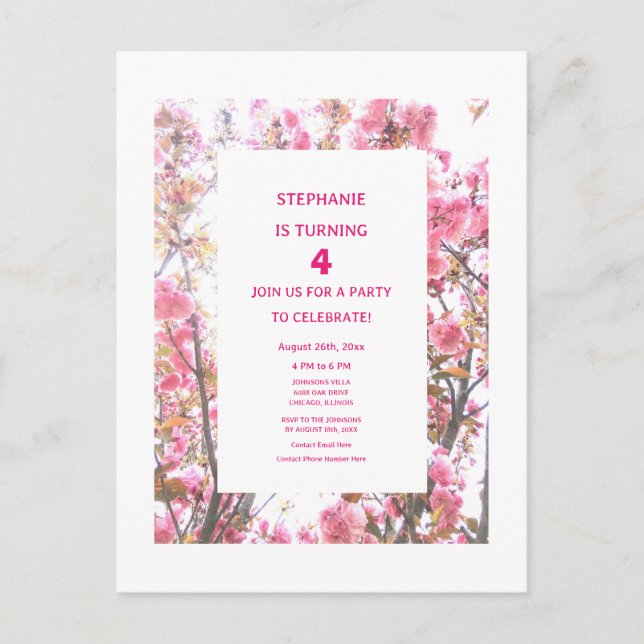 Invitation Carte Postale 4e anniversaire Floral Quatrième âge personnalisé  (Devant)
