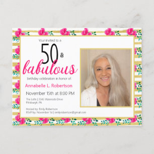 Invitation Carte Postale 50 & Fabuleux Anniversaire Or rose Floral
