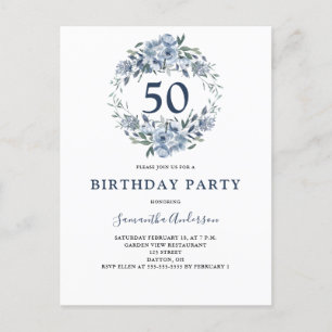 Invitation Carte Postale 50e anniversaire Aquarelle bleue florale