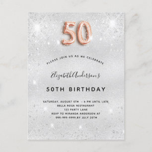 Invitation Carte Postale 50e anniversaire argent métal rose or parties scin