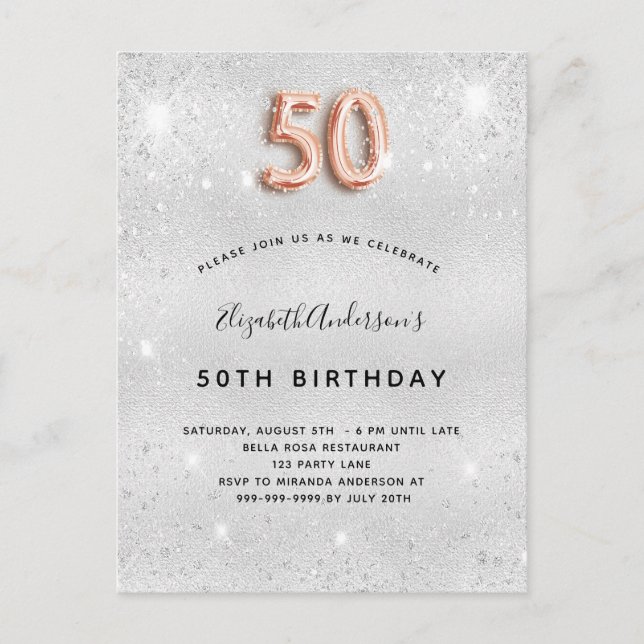 Invitation Carte Postale 50e anniversaire argent métal rose or parties scin (Devant)
