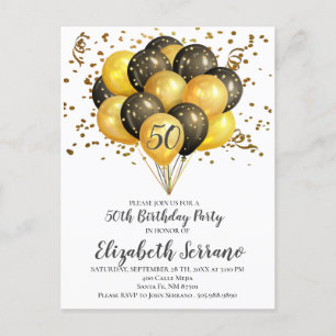 Invitation Carte Postale 50e anniversaire de fête Gold & Black Balloons Con