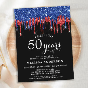 Invitation Carte Postale 50e Anniversaire Élégant Bleu Rouge Noir Paillette