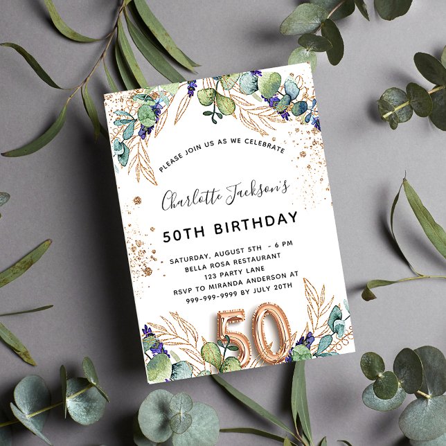 Invitation Carte Postale 50e anniversaire eucalyptus parties scintillant ve (Créateur téléchargé)